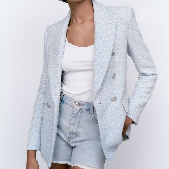 ZARA BLOGGERS FAV  NEW DOUBLE BREASTED TEXTURED WEAVE blazer SKY BLUE 7553 144 - Picture 4 of 6